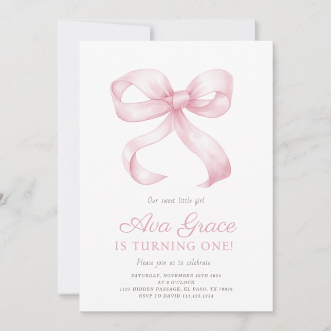 Inbjudan till rosa Bow Birthday Girl Party (Framsida)