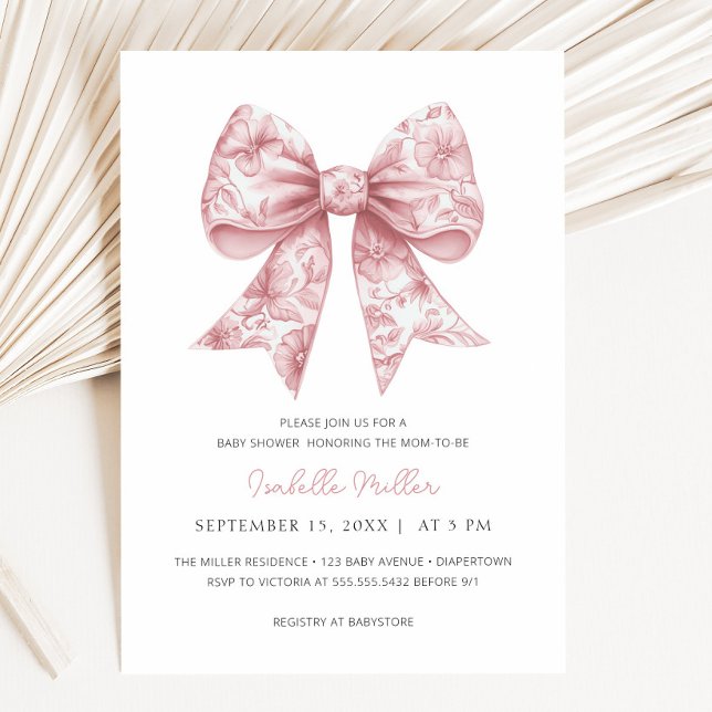 Inbjudan till rosa Bow Girl Baby Shower (Pink Bow Girl Baby Shower Invitation)