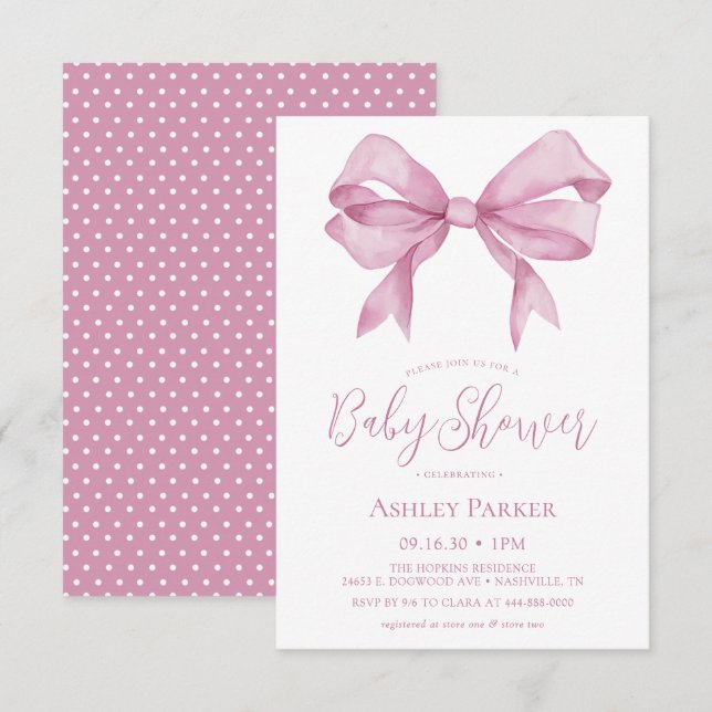 Inbjudan till rosa Bow Girl Baby Shower (Fram/baksida)