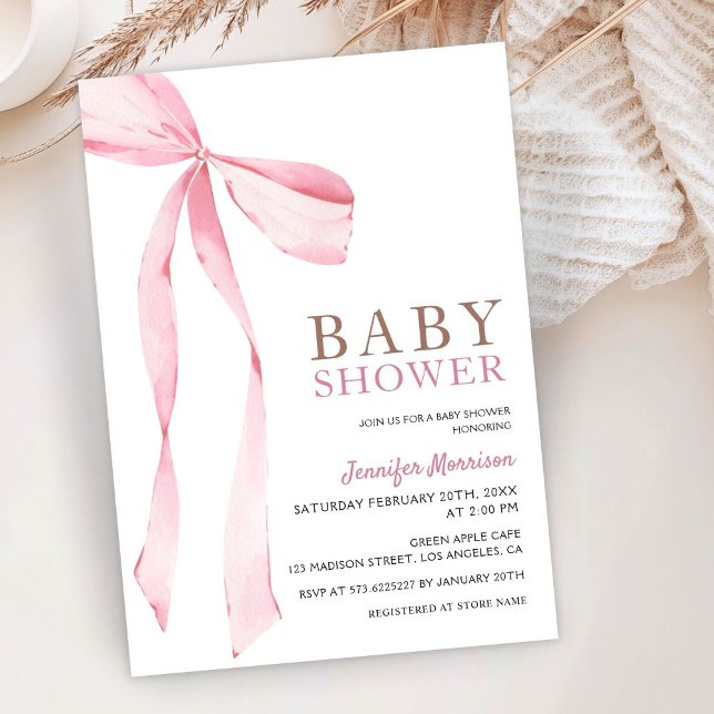 Inbjudan till rosa Bow Modern Girl Baby Shower (Skapare uppladdad)