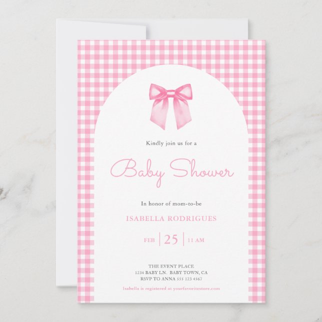 Inbjudan till rosa Bow och Gingham Baby Shower (Framsida)