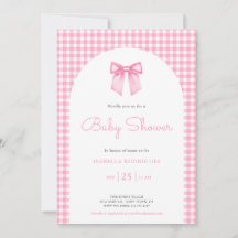 Inbjudan till rosa Bow och Gingham Baby Shower