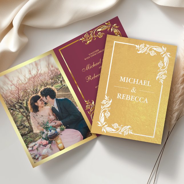 Inbjudan till Rosa-bröllop med guldgolv Blommigt P Folierat Kort (Skapare uppladdad)