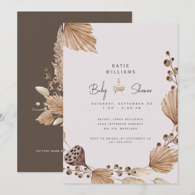 Inbjudan till rosa & Brown Pampas Baby Shower (Fram/baksida)
