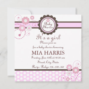 Inbjudan till rosa & brun Blommigt Design Baby Sho