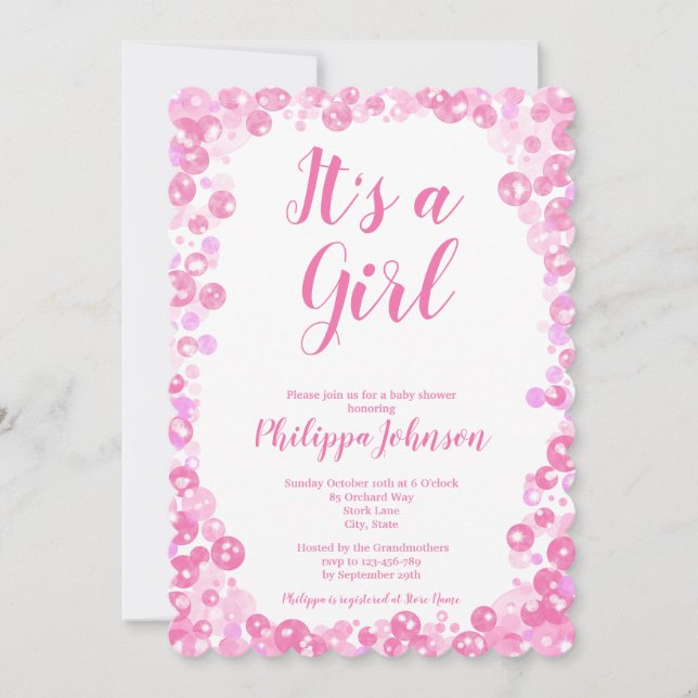 Inbjudan till rosa Bubbles Baby Shower (Framsida)