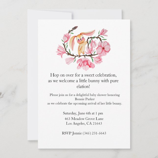 Inbjudan till rosa Bunny Magnolia Baby Shower (Framsida)