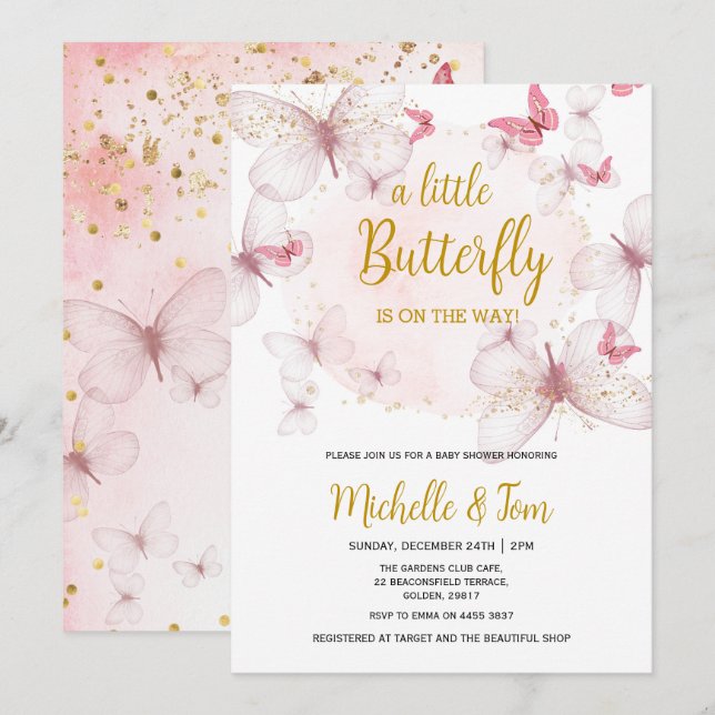Inbjudan till rosa Butterfly Baby Shower (Fram/baksida)