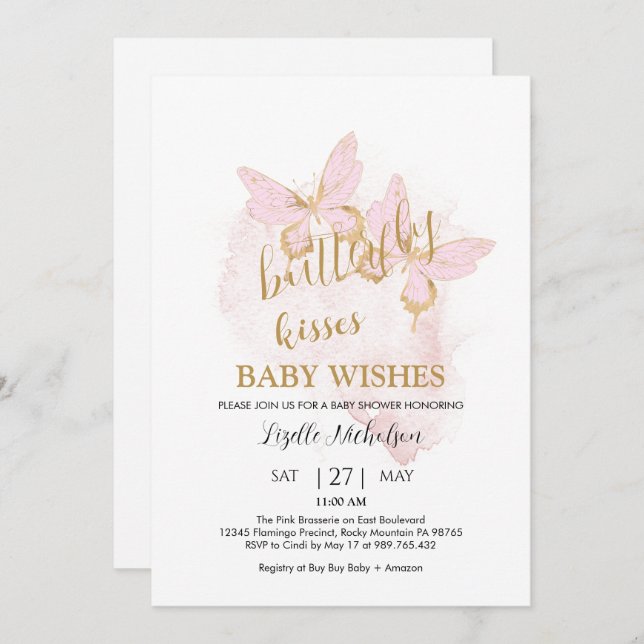 Inbjudan till rosa Butterfly Baby Shower (Fram/baksida)