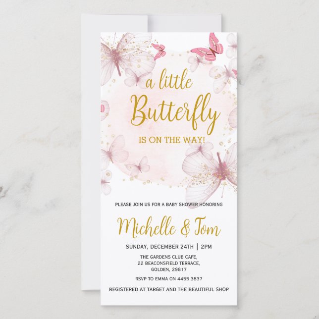 Inbjudan till rosa Butterfly Baby Shower (Framsida)