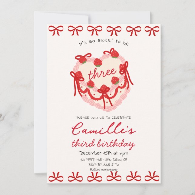 Inbjudan till rosa Cake & Red bow Birthday (Framsida)