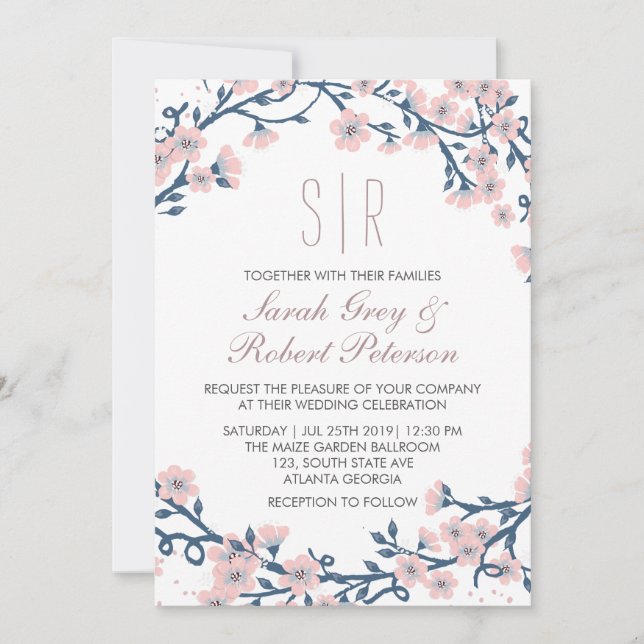 Inbjudan till rosa Cherry Blommar Flower Wedding (Framsida)