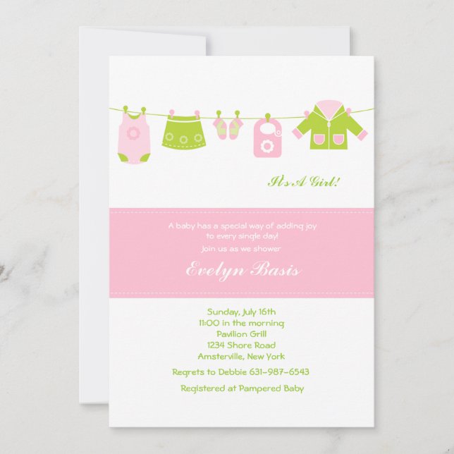 Inbjudan till Rosa Clothesline Baby Shower (Framsida)