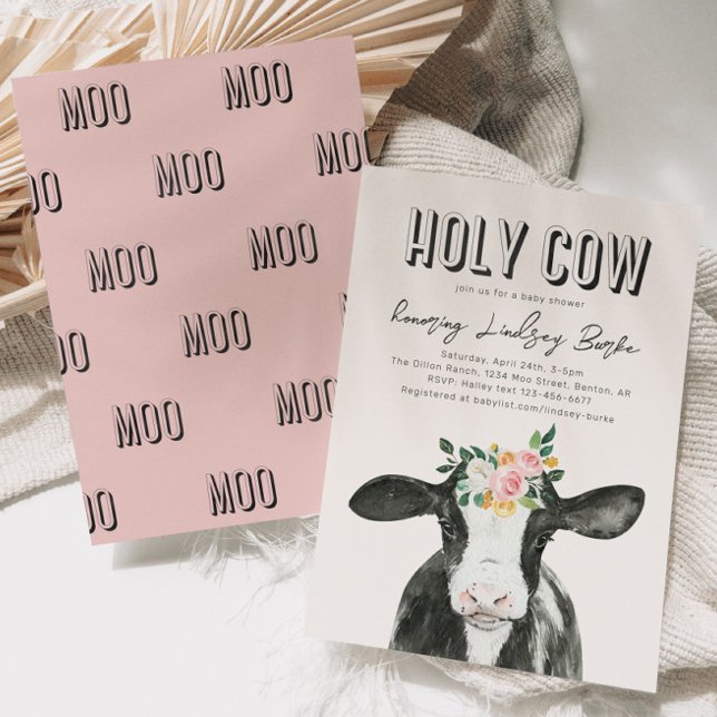 Inbjudan till rosa Cow Baby Shower | Vattenfärgskö (Skapare uppladdad)
