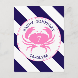 Inbjudan till rosa Crab Nautical Birthday Vykort