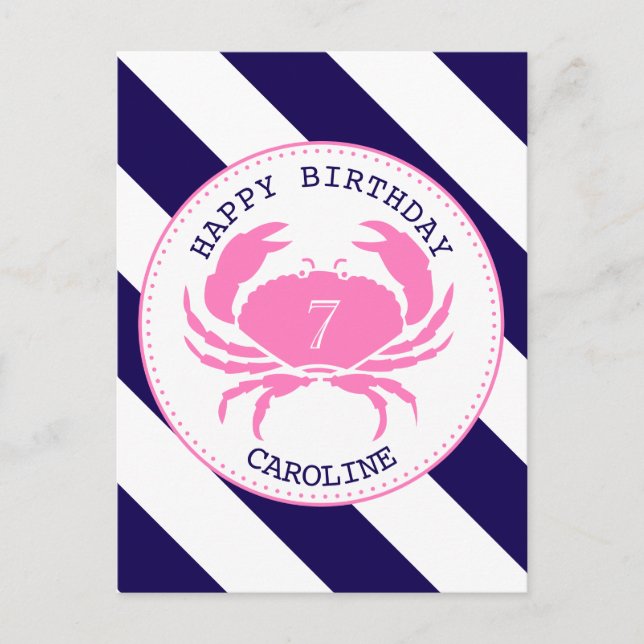 Inbjudan till rosa Crab Nautical Birthday Vykort (Framsida)