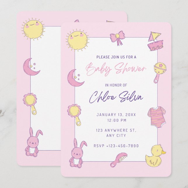 Inbjudan till rosa Cute Baby Shower (Fram/baksida)