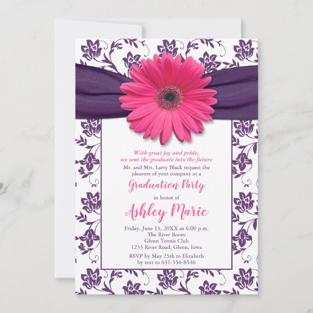 Inbjudan till rosa Daisy Lila Damask Studenten (Framsida)