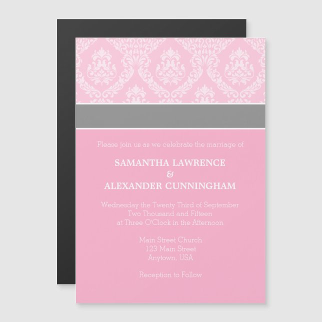 Inbjudan till rosa Damask Magnetic Wedding Magnetisk Inbjudningskort (Fram/baksida)