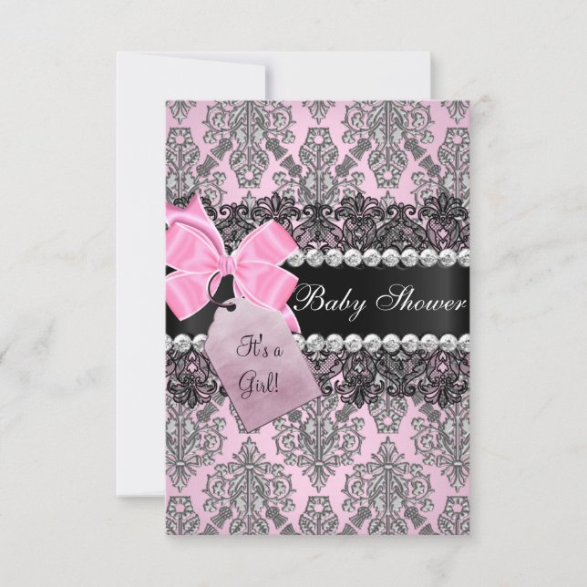 Inbjudan till rosa Damask & Snöre Baby Shower (Framsida)