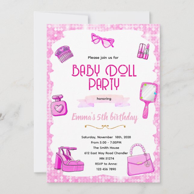 Inbjudan till rosa dockparty (Framsida)