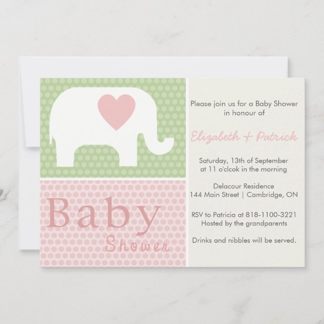 Inbjudan till rosa Elephant and Heart Baby Shower (Framsida)