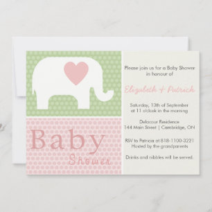 Inbjudan till rosa Elephant and Heart Baby Shower