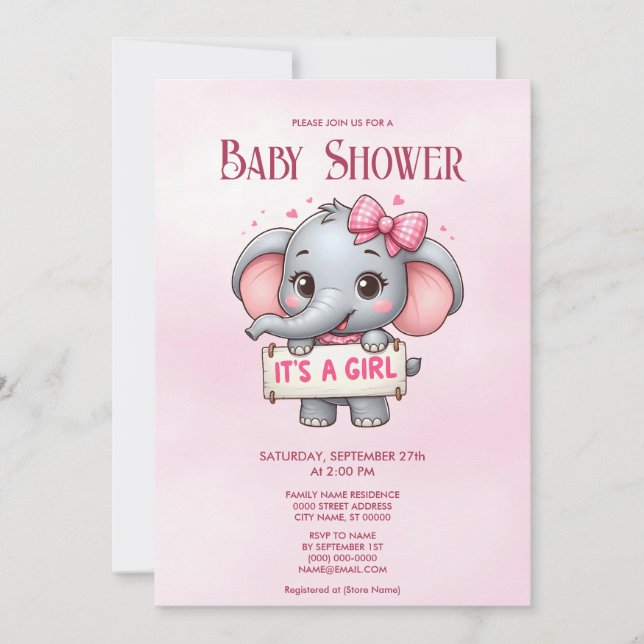Inbjudan till rosa Elephant Baby Shower (Framsida)