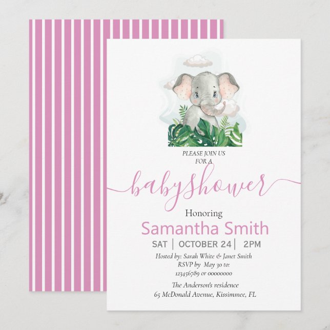 Inbjudan till rosa Elephant Baby Shower (Fram/baksida)