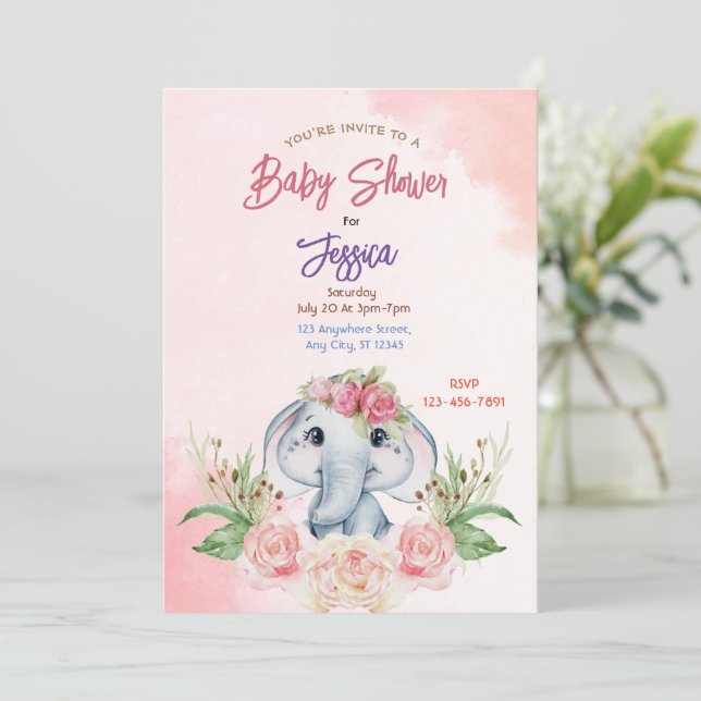 Inbjudan till rosa Elephant Baby Shower (Stående Fram)