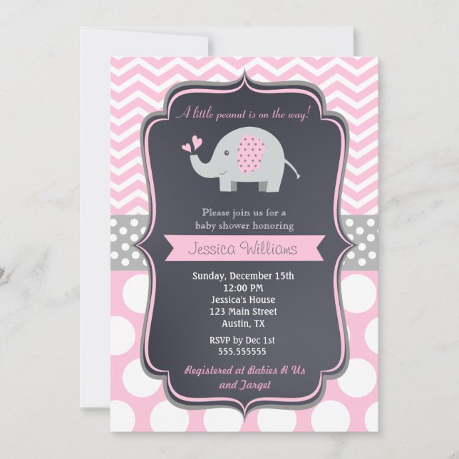 Inbjudan till rosa Elephant Baby Shower (Framsida)