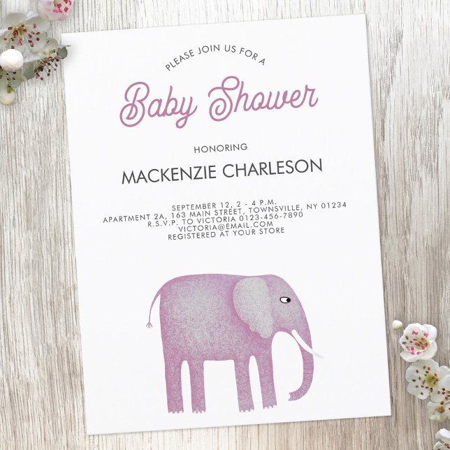 Inbjudan till rosa Elephant Baby Shower (Pink watercolor elephant baby shower invitation postcard)