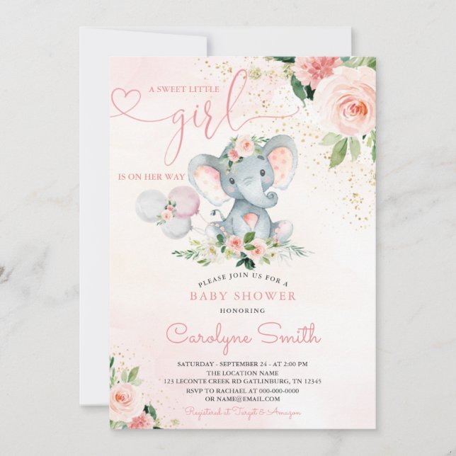Inbjudan till  Rosa Elephant Baby Shower (Framsida)