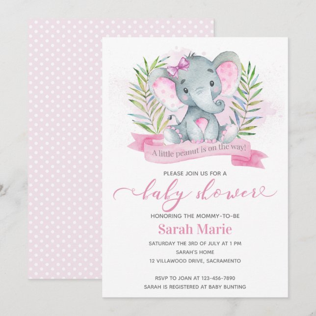 Inbjudan till rosa Elephant Baby Shower (Fram/baksida)