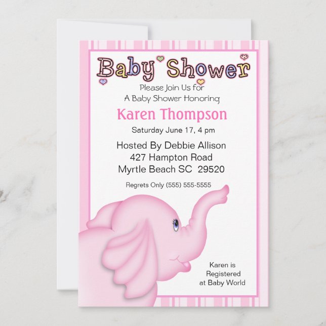 Inbjudan till rosa Elephant Baby Shower (Framsida)