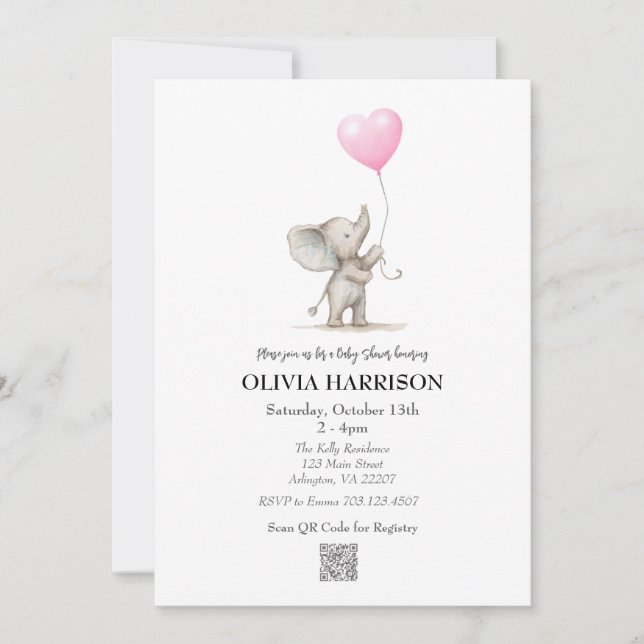 Inbjudan till rosa Elephant Balloon Baby Shower (Framsida)