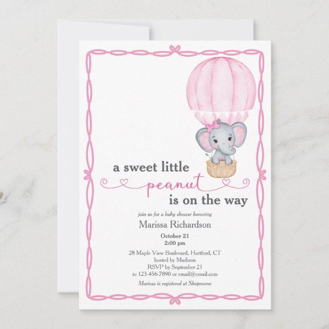 Inbjudan till rosa Elephant Flicka Shower (Framsida)