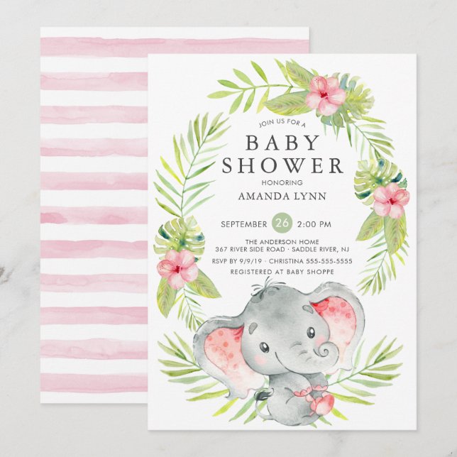 Inbjudan till rosa Elephant Girl Baby Shower (Fram/baksida)