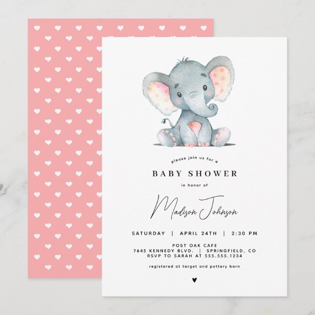 Inbjudan till rosa Elephant Girl Baby Shower (Fram/baksida)
