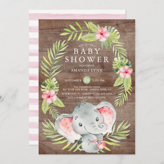 Inbjudan till rosa Elephant Girl Rustic Baby Showe (Fram/baksida)