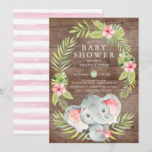 Inbjudan till rosa Elephant Girl Rustic Baby Showe