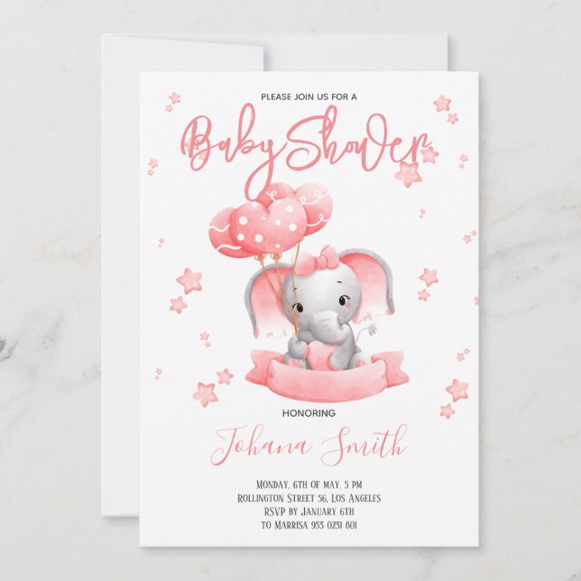 Inbjudan till rosa Elephant Watercolor Baby Shower (Framsida)