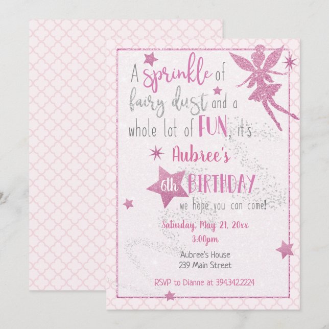 Inbjudan till rosa Fairy Birthday (Fram/baksida)