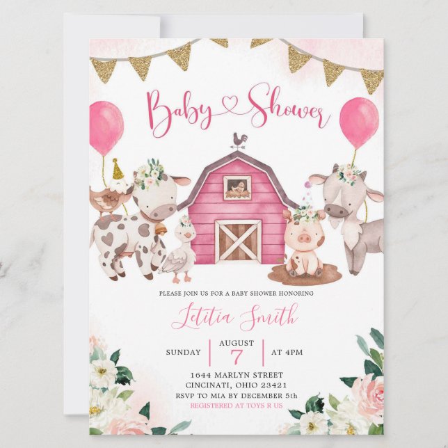 Inbjudan till Rosa Farm Baby Shower (Framsida)