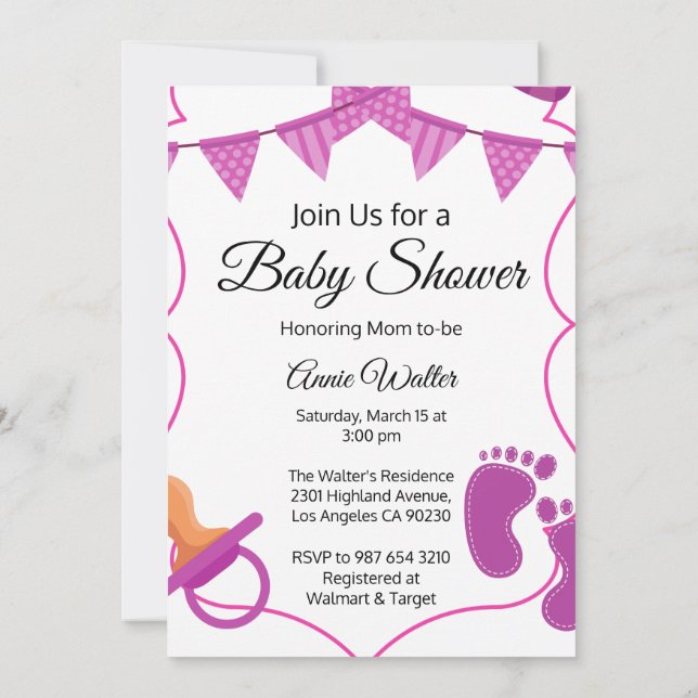 Inbjudan till Rosa Flicka Baby Shower (Baksida)