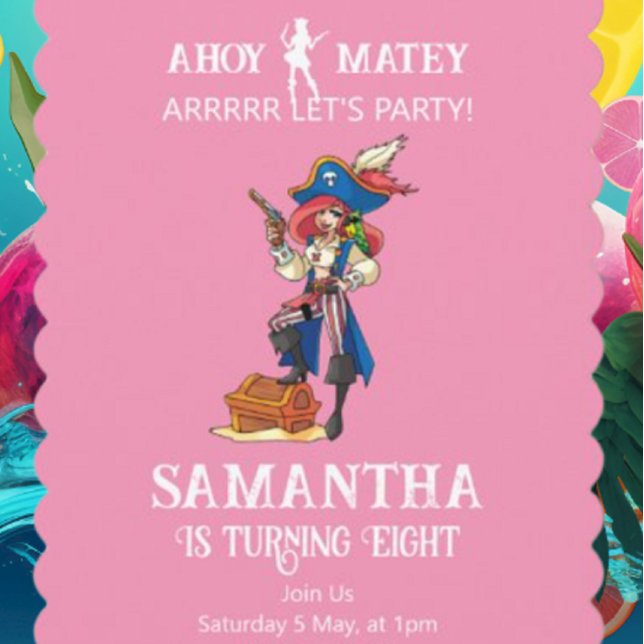Inbjudan till Rosa flicka i pirat Party på födelse (Party Pirates  Is The Destination For Every Celebration And Every Moment.)