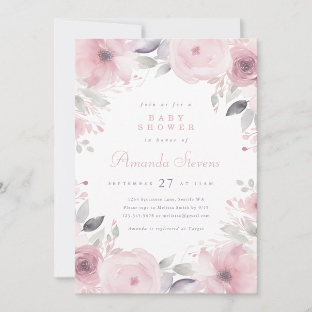 Inbjudan till rosa Flowers Baby Shower (Framsida)