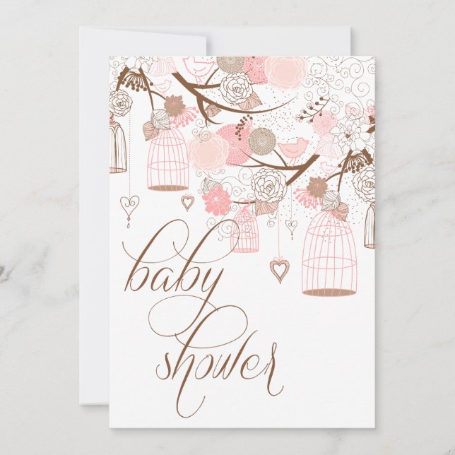 Inbjudan till rosa Flowers och Birdcages Baby Show (Framsida)