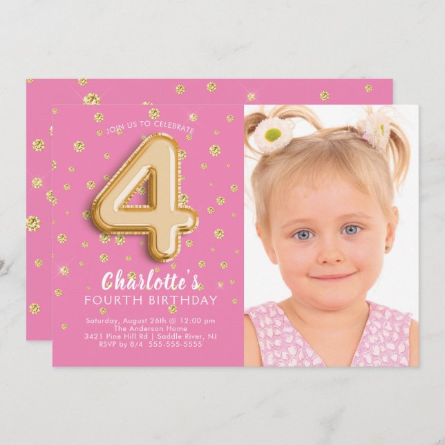 Inbjudan till rosa Foil Balloon Photo 4e födelseda (Fram/baksida)