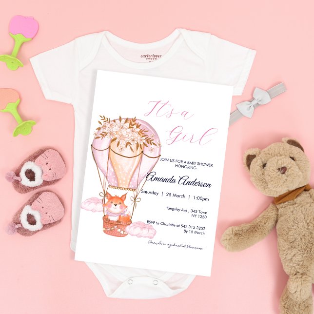 Inbjudan till rosa Girl Fox Balloon Baby Shower (Pink Girl Fox Balloon Baby Shower Invite)